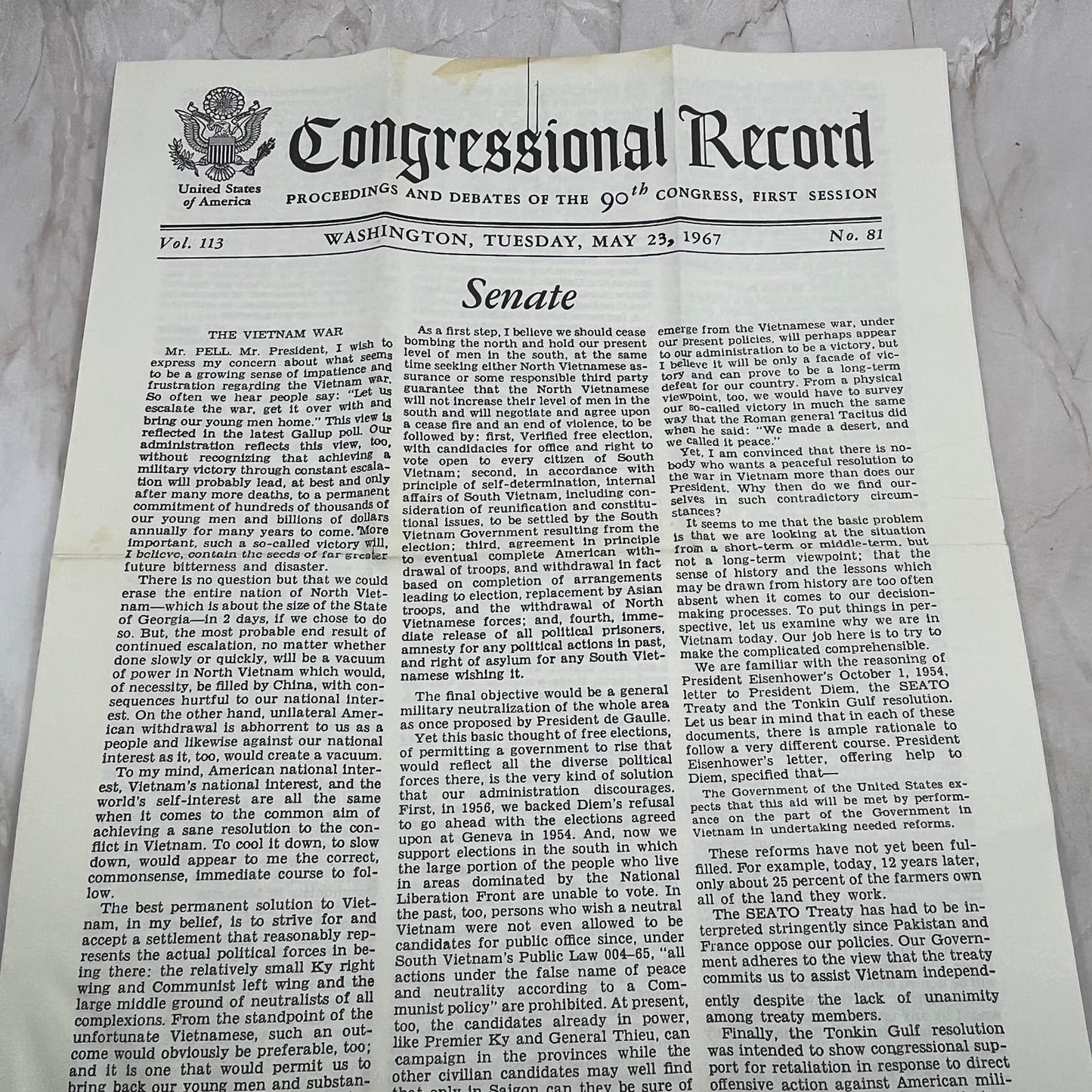 1967 May 23 Congressional Record No. 81 Senate Vietnam War TJ4-P1