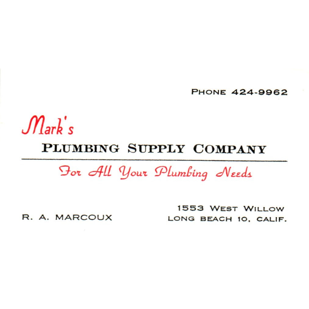 Mark's Plumbing Supply Co R.A. Marcoux Long Beach Vintage Business Card SD4-B1
