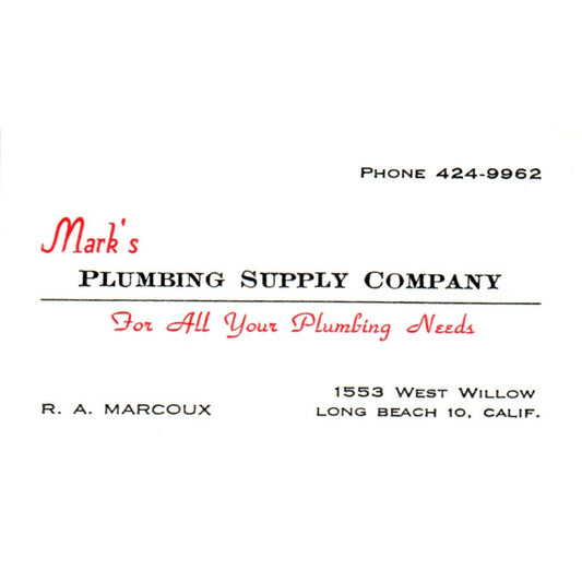 Mark's Plumbing Supply Co R.A. Marcoux Long Beach Vintage Business Card SD4-B1