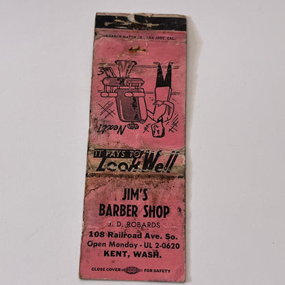 Jim's Barber Shop J.D. Robards Kent WA Vintage Matchbook Cover TB6-MB1-15