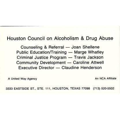 Houston Council on Alcoholism & Drug Abuse Vintage Business Card SD9-B13
