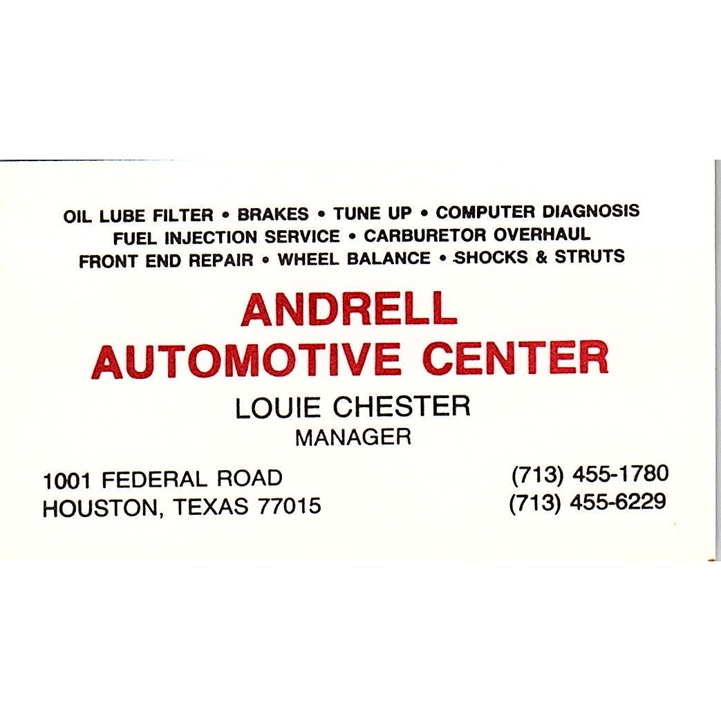 Andrell Automotive Center Louie Chester Houston Vintage Business Card SC9-B1