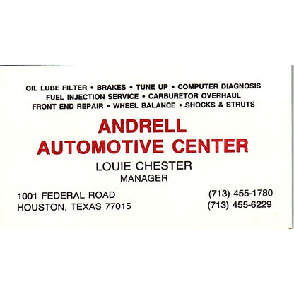 Andrell Automotive Center Louie Chester Houston Vintage Business Card SC9-B1