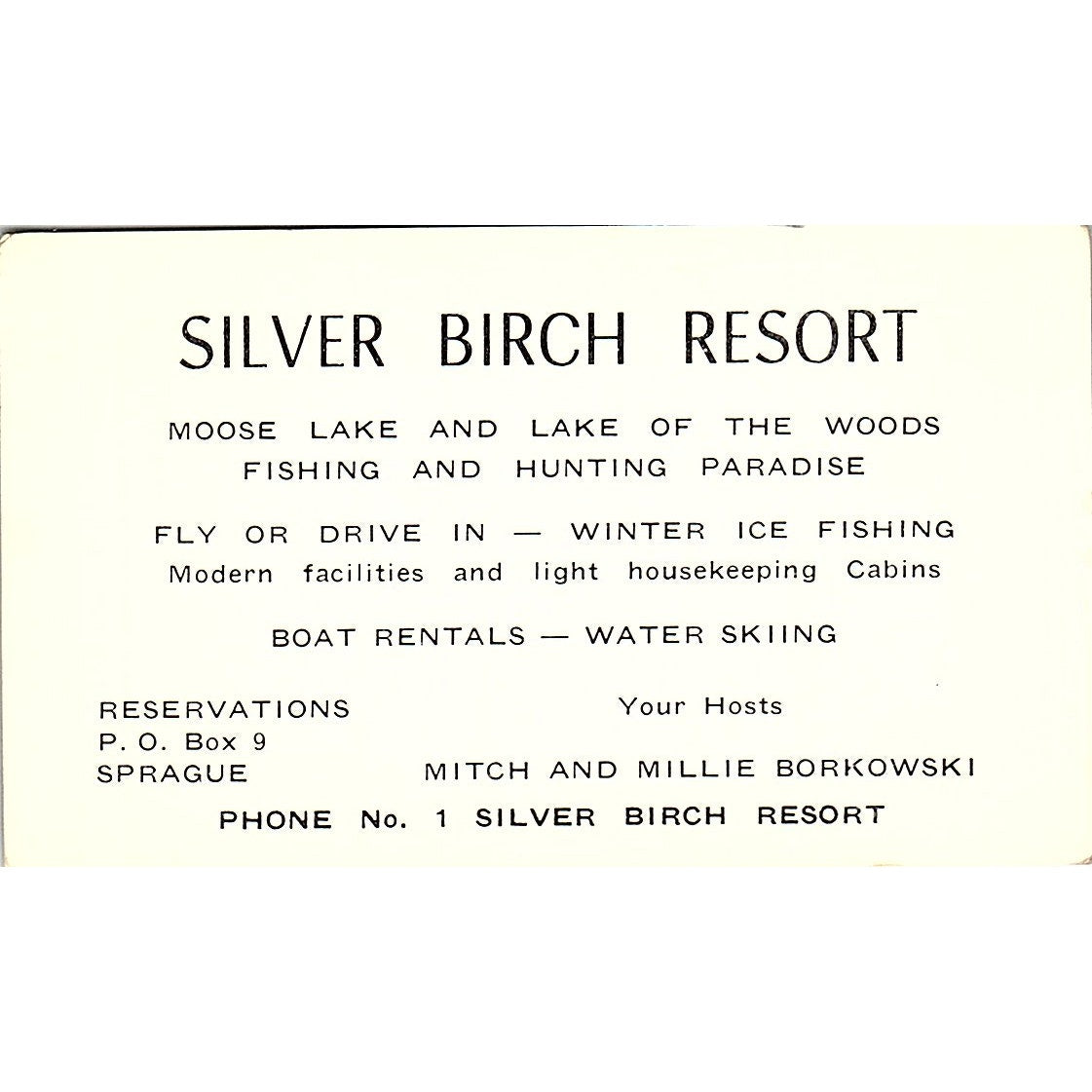 1968 Silver Birch Resort Mitch Borkowski Sprague Moose Lake Business Card TH2-B1