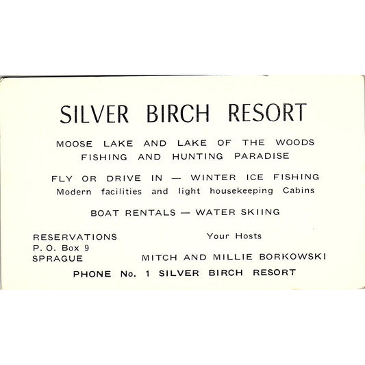 1968 Silver Birch Resort Mitch Borkowski Sprague Moose Lake Business Card TH2-B1