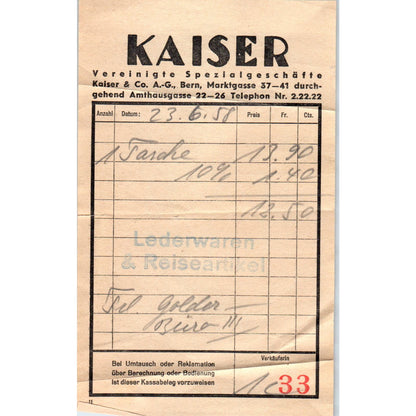 1958 Kaiser Specialty Stores Billhead Receipt Bern Germany AE4