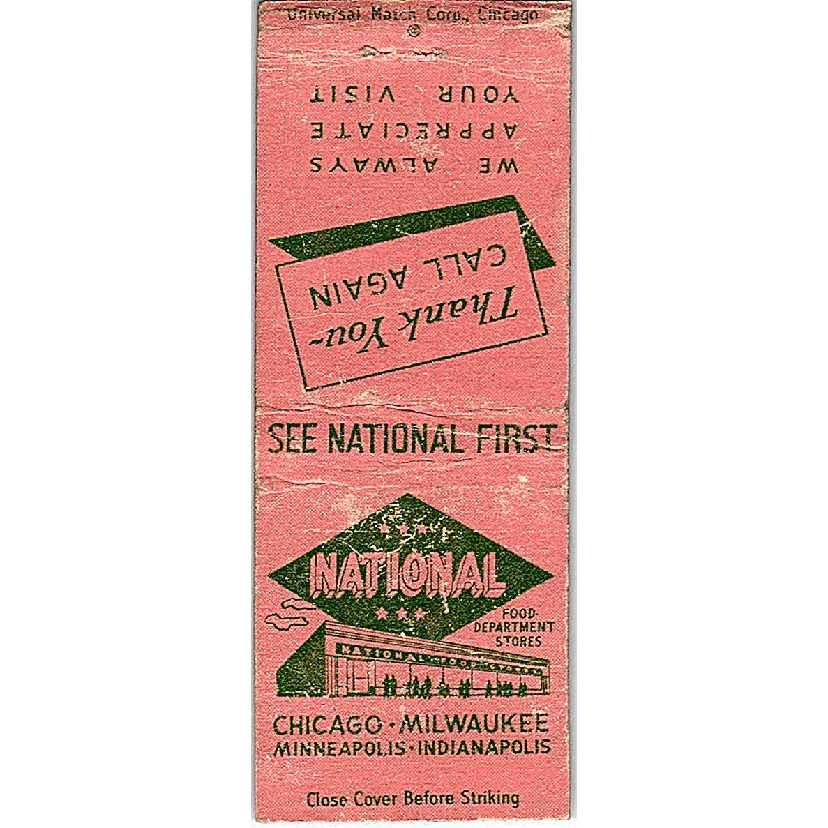 National Food Department Stores Chicago Milwaukee Vintage Matchbook Cover SC7-Y5