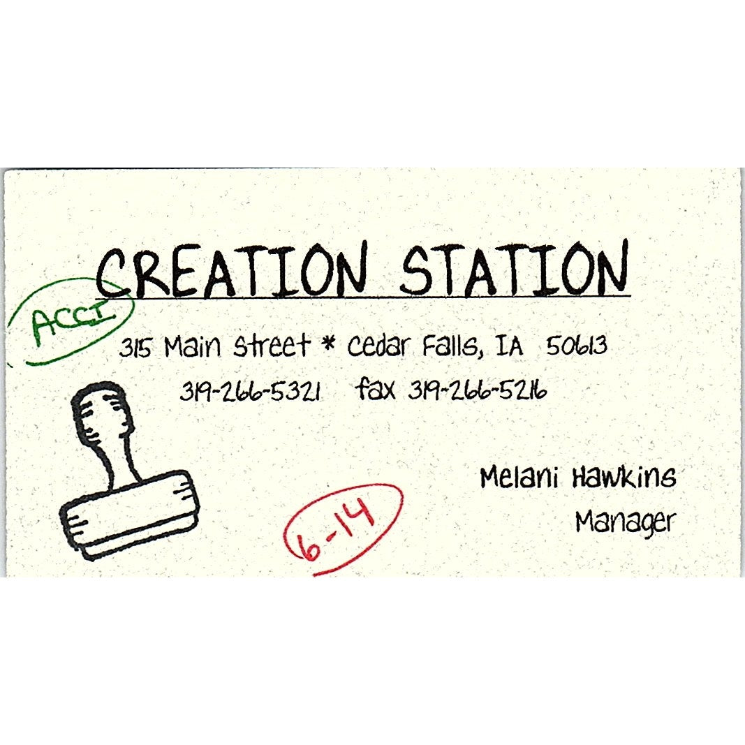 Creation Station Melani Hawkins Cedar Falls IA Vintage Business Card SC9-B9