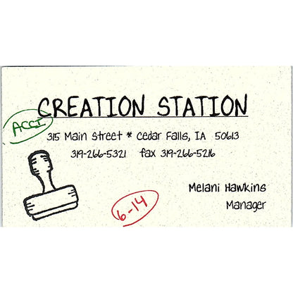 Creation Station Melani Hawkins Cedar Falls IA Vintage Business Card SC9-B9