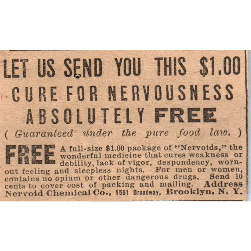 Nervousness Cure Nervoid Chemical Co Brooklyn NY 1910 Magazine Ad AF1-CM1