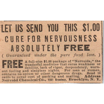 Nervousness Cure Nervoid Chemical Co Brooklyn NY 1910 Magazine Ad AF1-CM1