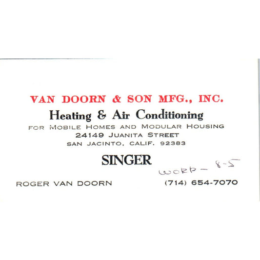 Roger Van Dooren & Son Mfg Heating San Jacinto CA Vintage Business Card SD4-B1