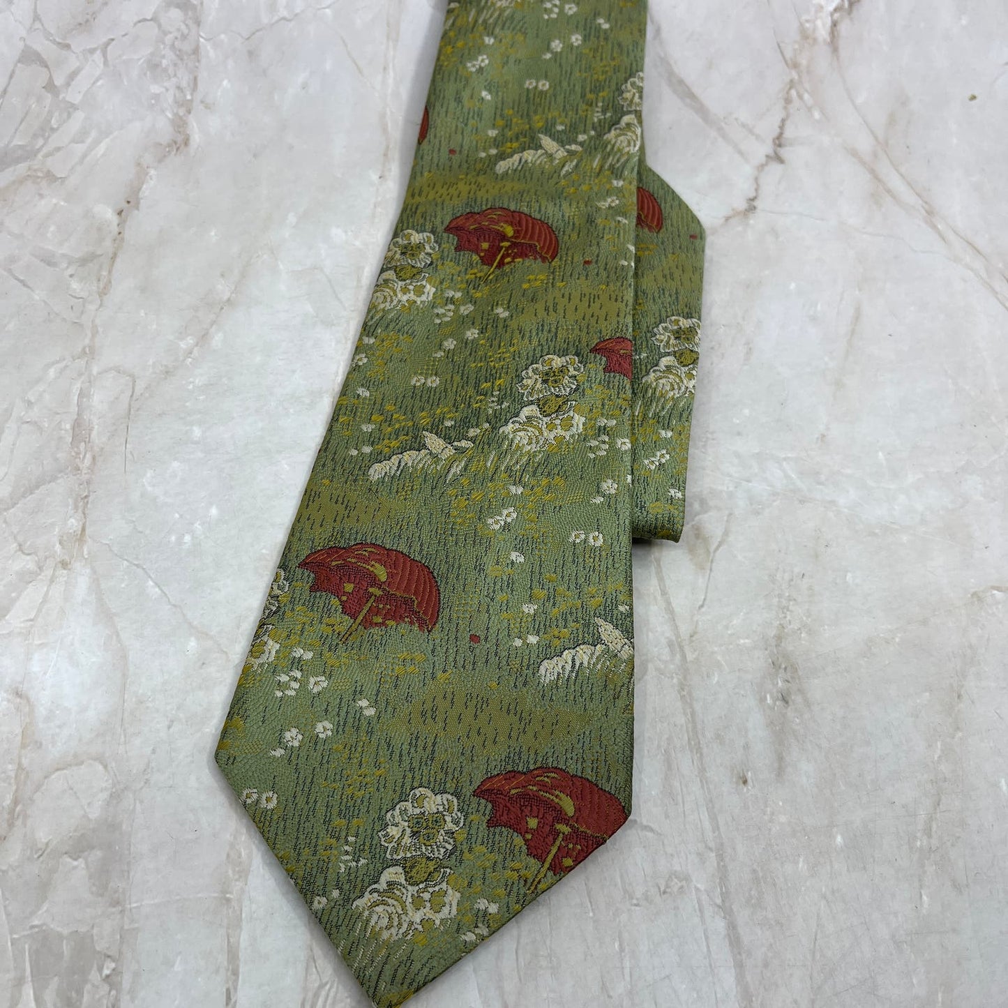 Retro Men's Green Umbrella Floral Polyester Necktie Tie TG9-T1