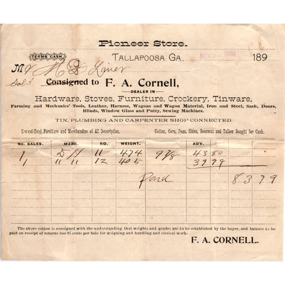 F.A. Cornell Pioneer Store Tallapoosa GA 1890s Original Billhead Receipt D8-LL