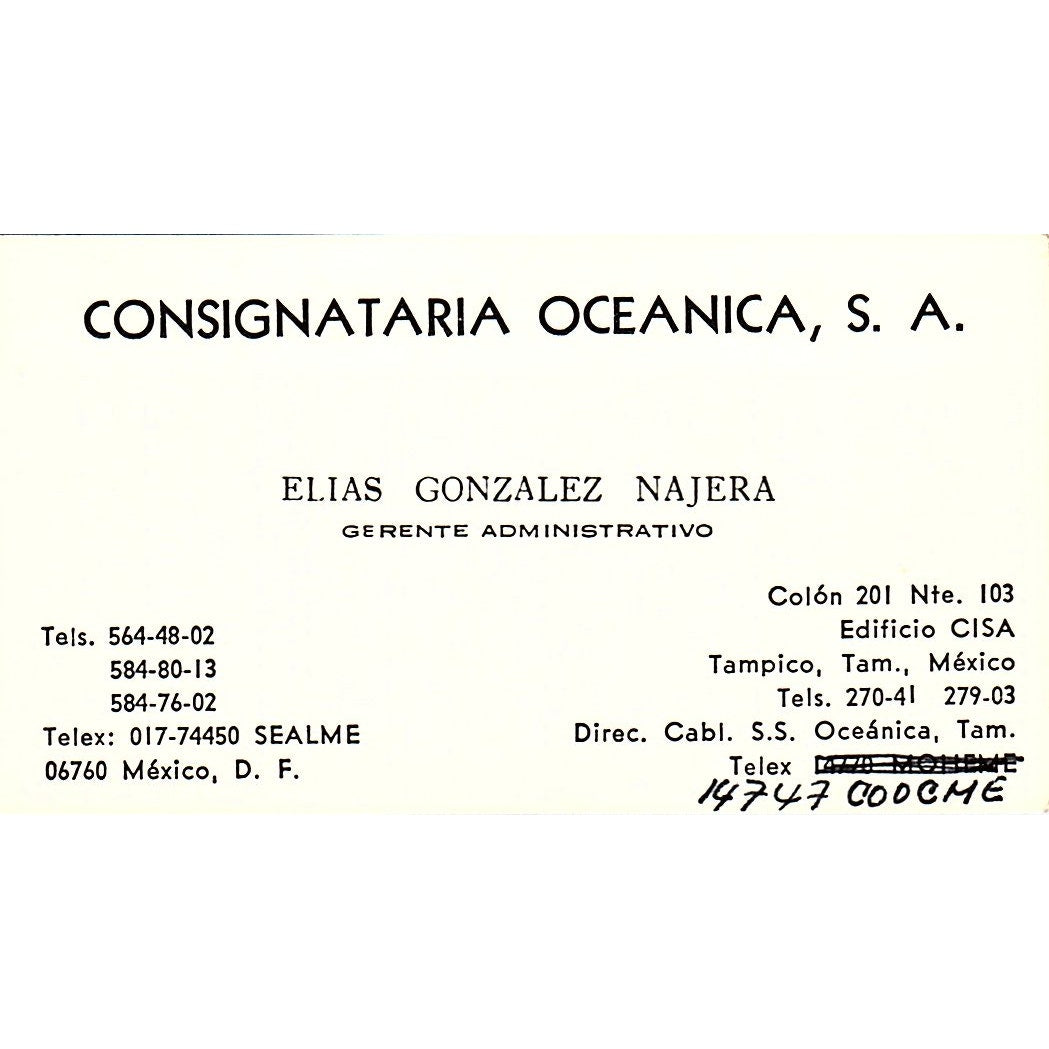 Elias Gonzales Najera Consignataria Oceanica Tampico Tam Business Card SC9-B6