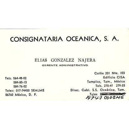 Elias Gonzales Najera Consignataria Oceanica Tampico Tam Business Card SC9-B6