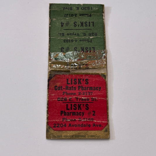 Lisk's Cut Rate Pharmacy Vintage Matchbook Cover TB6-MB1-15