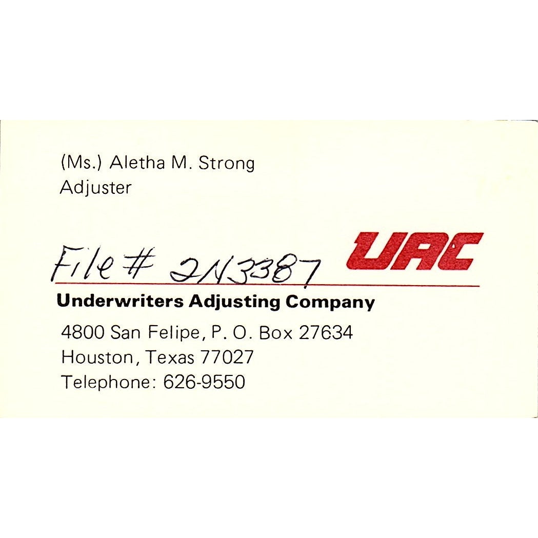Aletha M Strong UAC Underwriters Adjusting Houston Vintage Business Card SD9-B6