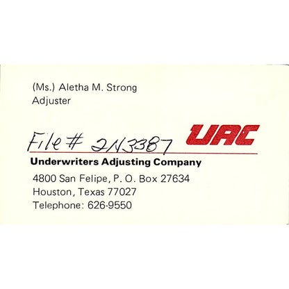 Aletha M Strong UAC Underwriters Adjusting Houston Vintage Business Card SD9-B6