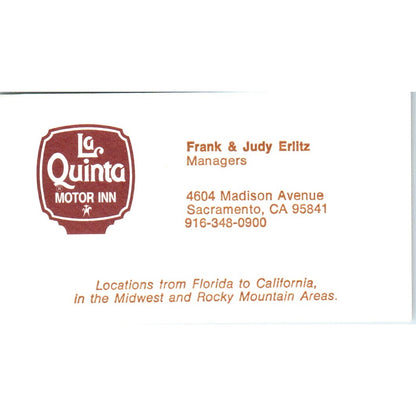 Frank & Judy Erlitz Sacramento La Quinta Motor Inn Vintage Business Card SE3-B1