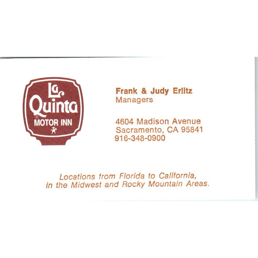 Frank & Judy Erlitz Sacramento La Quinta Motor Inn Vintage Business Card SE3-B1
