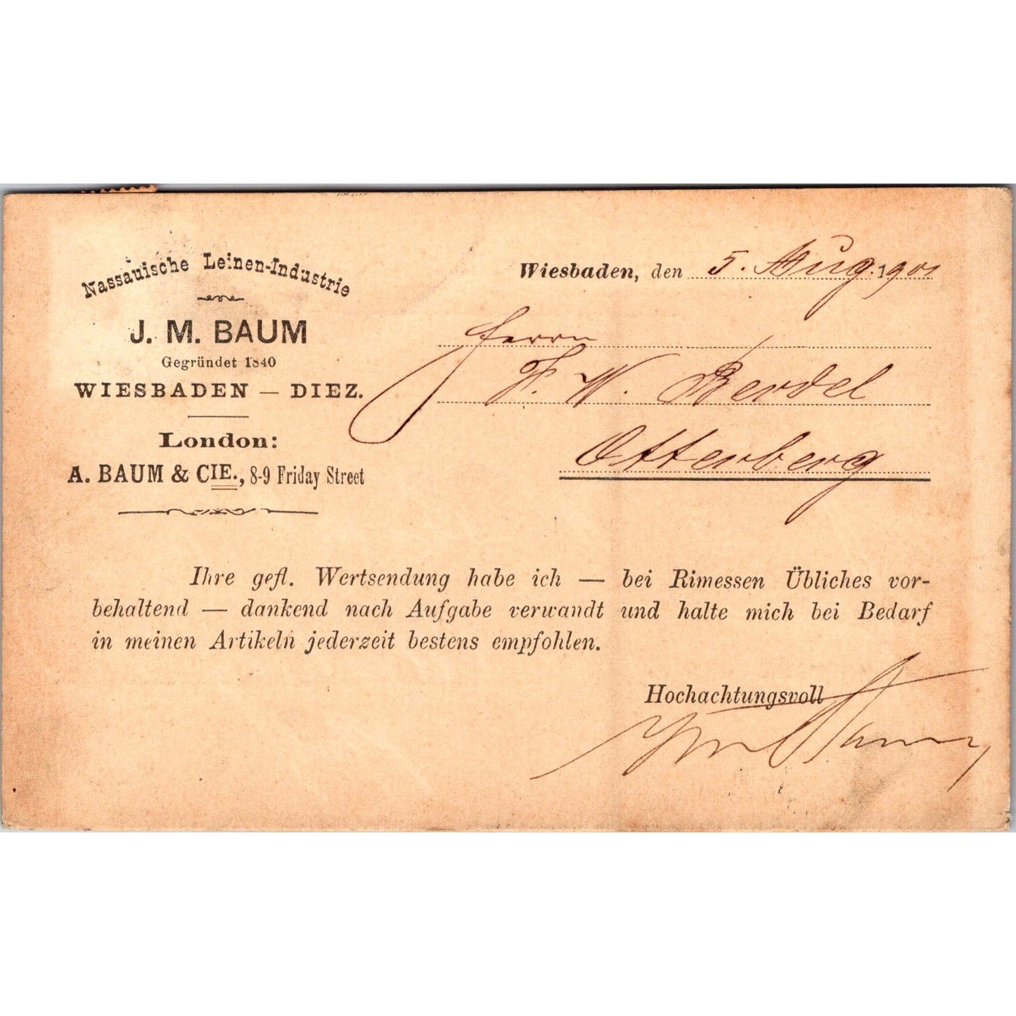 J.M. Baum Wiesbaden-Diez Otterburg 1901 German Reich Postcard P5-11