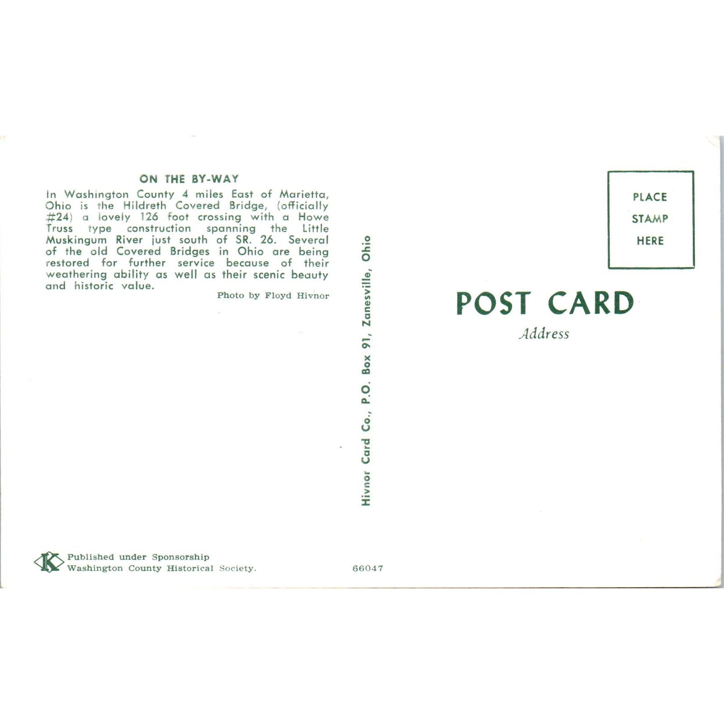 Cow Run Bridge #23 Little Muskingum River Ohio Covered Bridge Postcard PC3