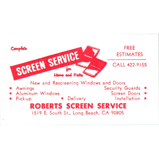 Roberts Screen Service Long Beach CA Vintage Business Card SD8-B3