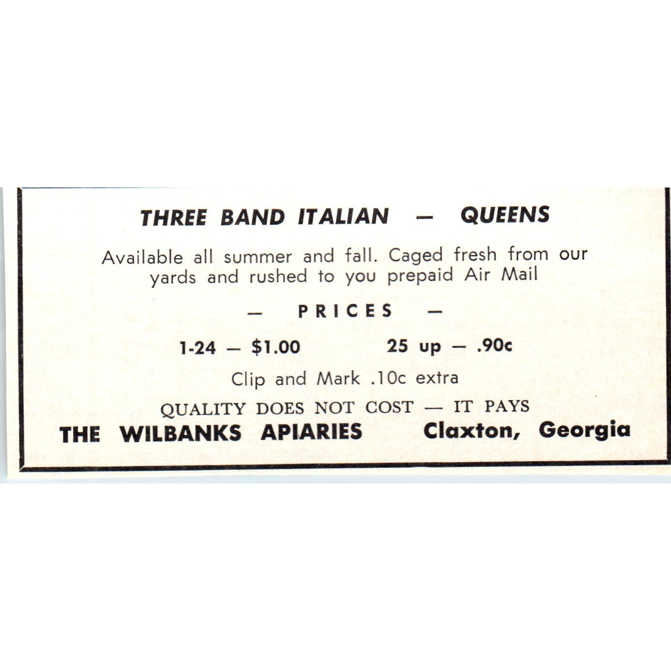 Italian Queens The Wilbanks Apiaries Claxton GA 1964 Magazine Ad AB6-LB