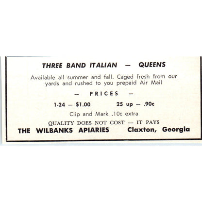 Italian Queens The Wilbanks Apiaries Claxton GA 1964 Magazine Ad AB6-LB