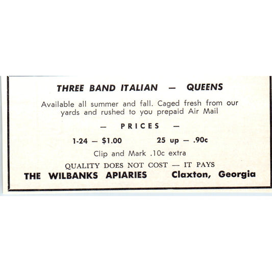 Italian Queens The Wilbanks Apiaries Claxton GA 1964 Magazine Ad AB6-LB