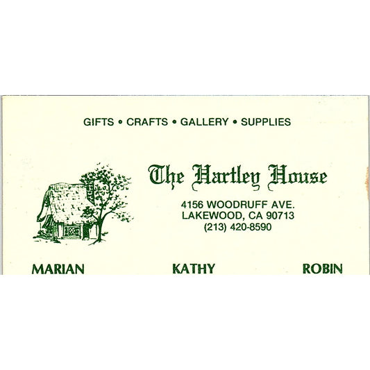 The Hartley House MarIan Kathy Robin Lakewood CA Vintage Business Card SF3-B3