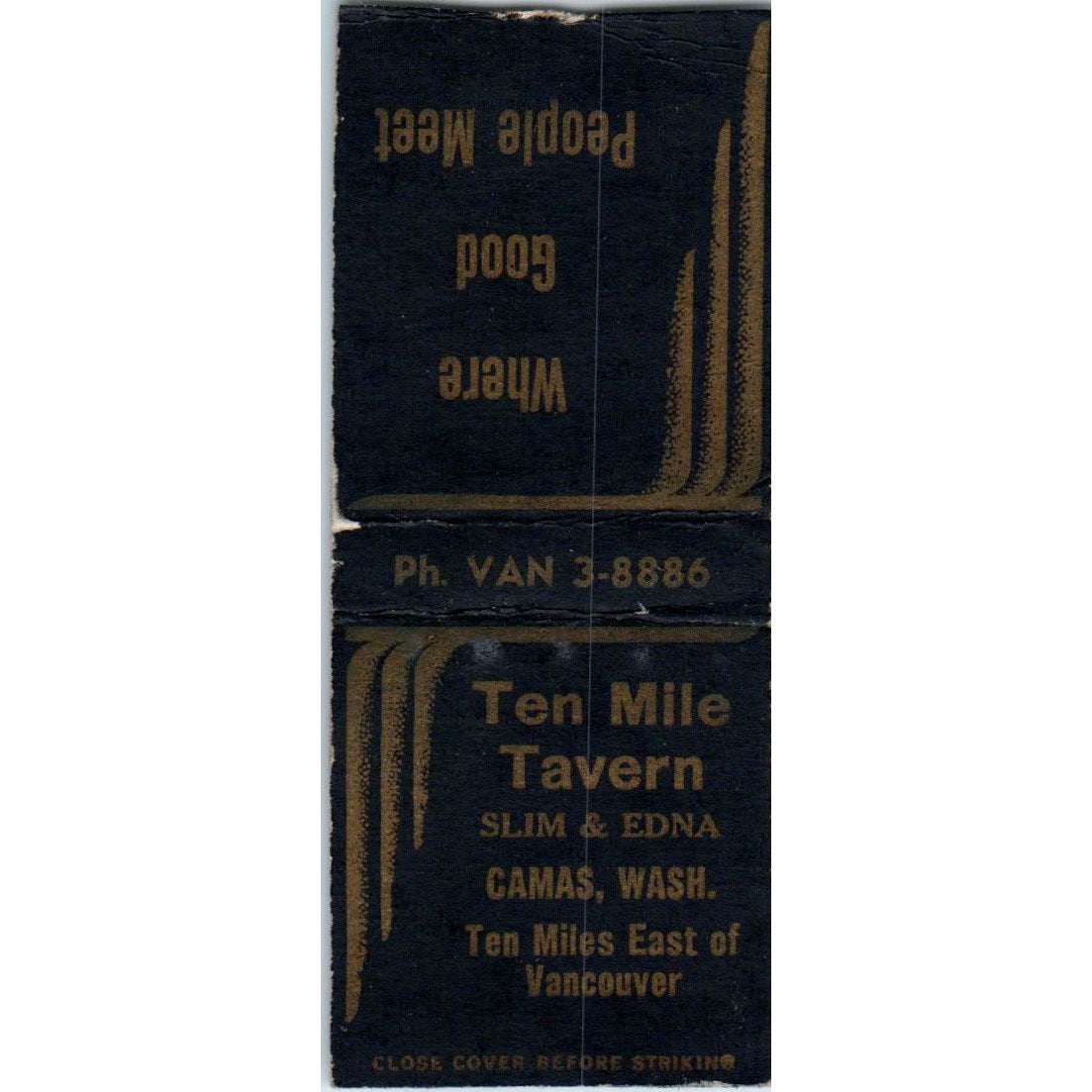 Ten Mile Tavern Slim & Edna Camas WA Vintage Matchbook Cover SD2-Y3