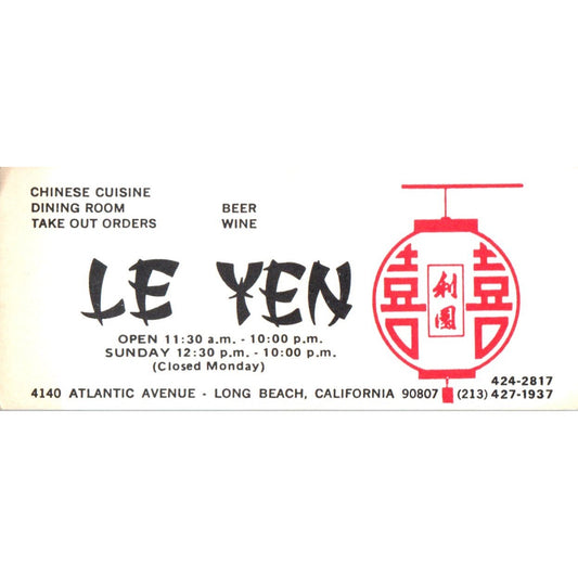 Le Yen Chinese Restaurant Long Beach CA Vintage Business Card SE3-B6