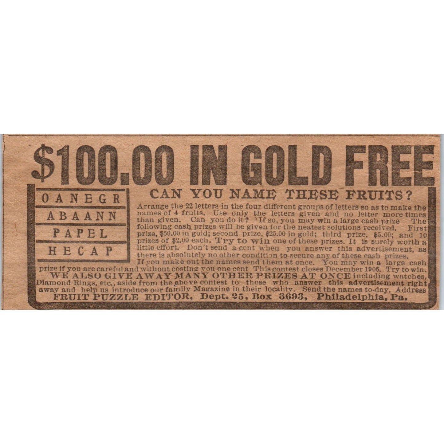 Fruit Puzzle Editor - Free Gold Giveaway Philadelphia 1906 Original Ad AB6-CL1