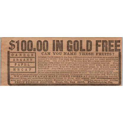 Fruit Puzzle Editor - Free Gold Giveaway Philadelphia 1906 Original Ad AB6-CL1