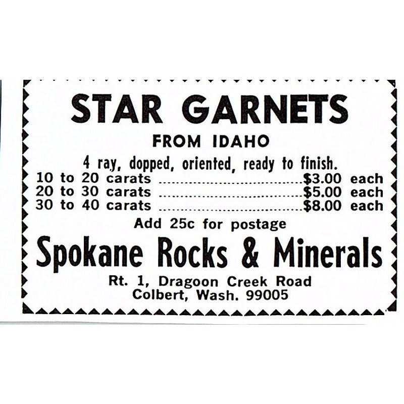 Spokane Rocks and Minerals Star Garnets Colbert Washington 1972 Ad AF8-M3