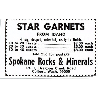 Spokane Rocks and Minerals Star Garnets Colbert Washington 1972 Ad AF8-M3
