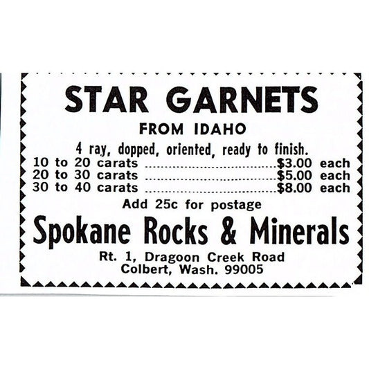 Spokane Rocks and Minerals Star Garnets Colbert Washington 1972 Ad AF8-M3