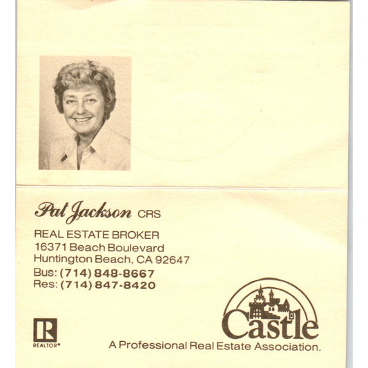 Pat Jackson Castle Real Estate Huntington Beach CA Vintage Business Card SD8-B2