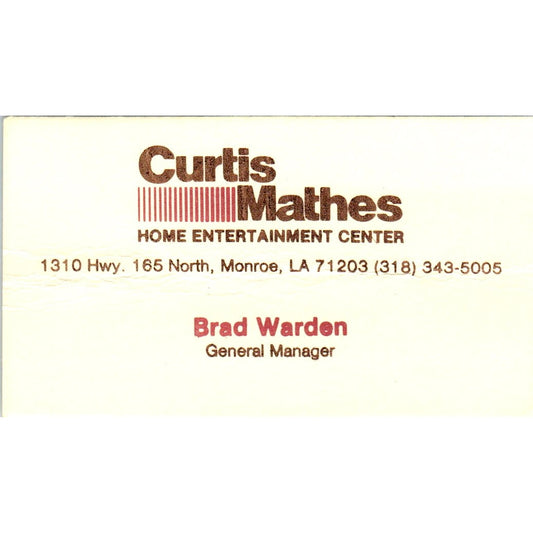Curtis Mathes Home Entertainment Brad Warden Monroe LA Vtg Business Card SD8-B19