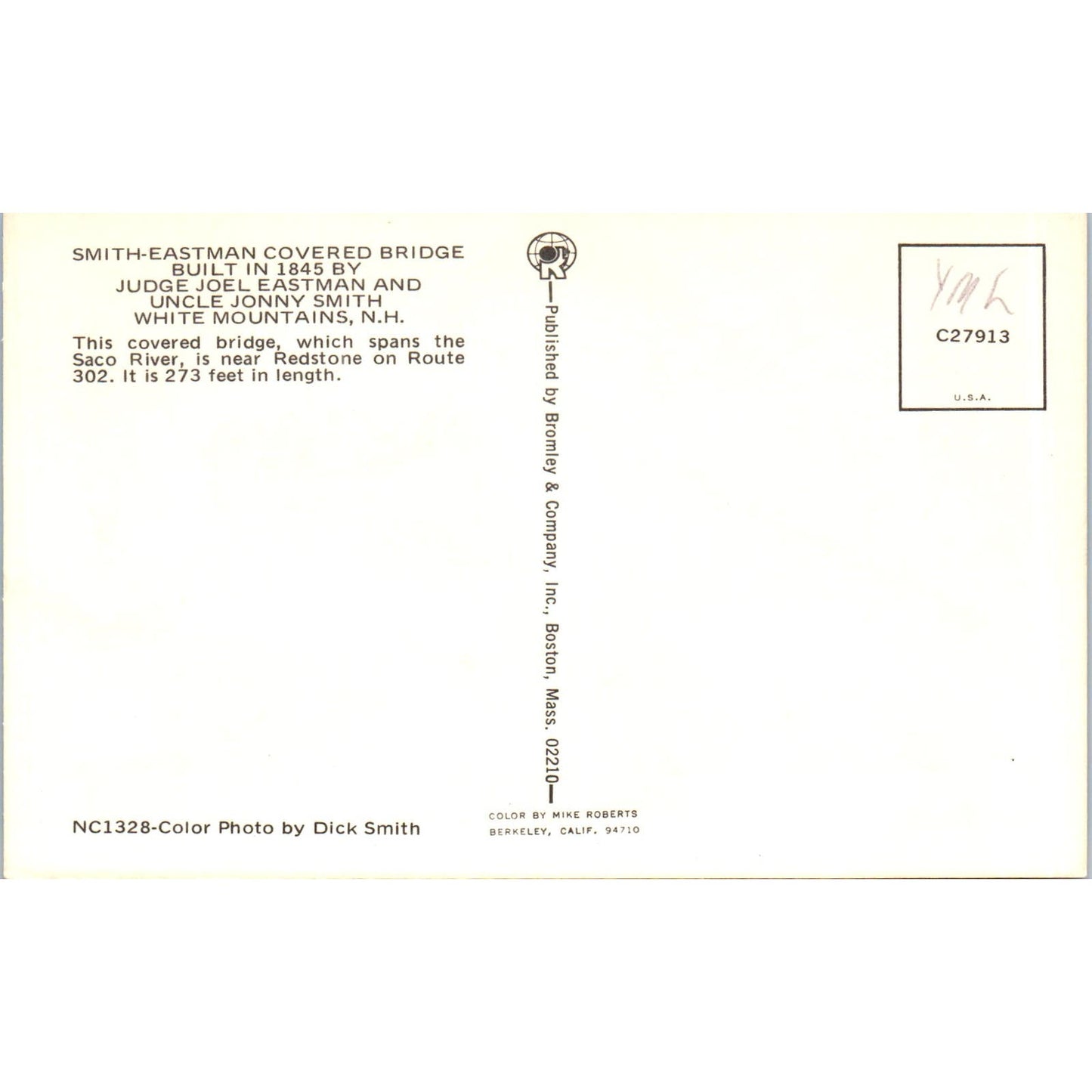 Smith-Eastman Bridge White Mountains NH Vintage Covered Bridge Postcard PC13