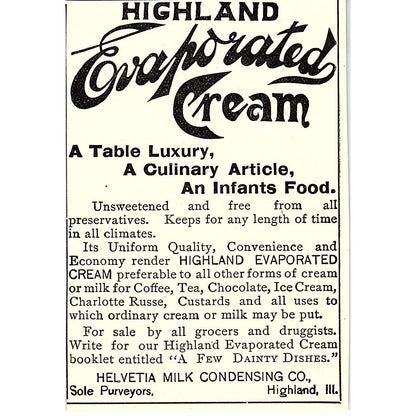 Highland Evaporated Cream Helvetia Milk Condensing Co Highland 1892 Ad AG2-M10