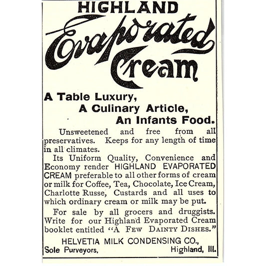 Highland Evaporated Cream Helvetia Milk Condensing Co Highland 1892 Ad AG2-M10