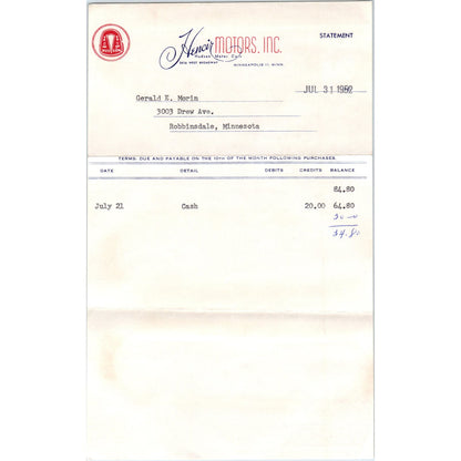 1952 Hencir Motors Inc. Minneapolis MN Billhead Letterhead Hudson Motor Cars AE2