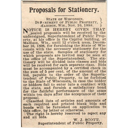 State of WI Proposals for Stationary W.J. Scott 1898 Newspaper Clip AF7-SS9