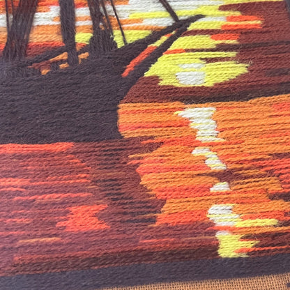 1976 Framed Crewel Embroidery Sunset Paragon Needlecraft Nautical Sailboat 20x26