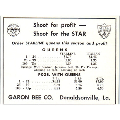 Starline Queens Garon Bee Co Donaldsonville LA 1961 Magazine Ad AB6-LB