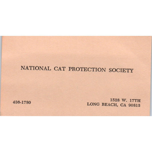 National Cat Protection Society Long Beach CA Vintage Business Card SD8-B15
