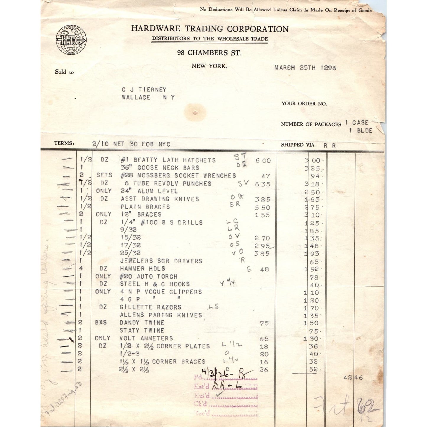 1926 Hardware Trading Corporation NY Billhead Letterhead D17